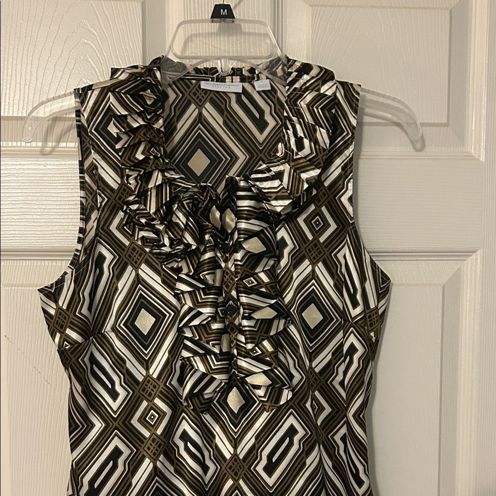 New York & Company Black and Gold Geometric Ruffle Blouse